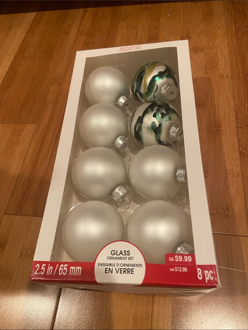Ashland Silver and Green Marble Glass Ornament Set